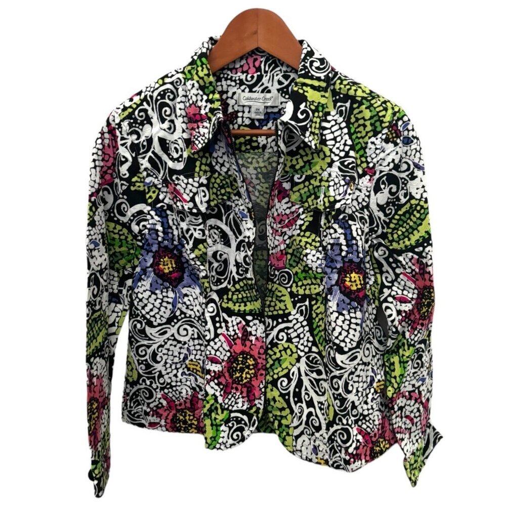 Coldwater Creek Y2k Retro Green White Floral Zip Up Jacket Size MP Medium Petite